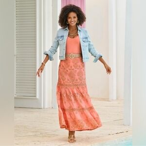 π§‘ BOSTON PROPER Coral METALLIC EMBROIDERED EYELET MAXI SKIRT π§‘